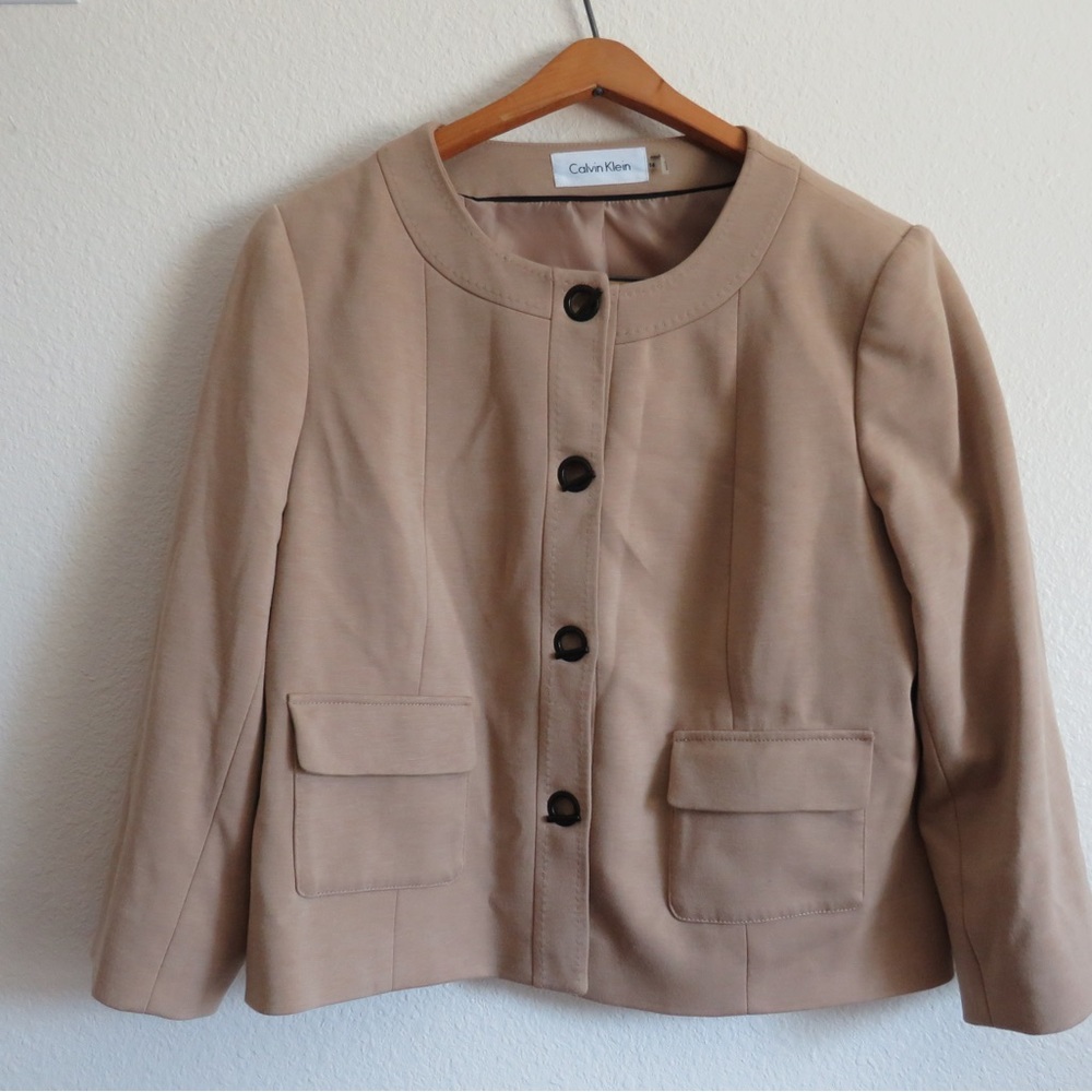 Calvin Klein Blazer Jacket, Tan, Shoulder Pads SZ 14